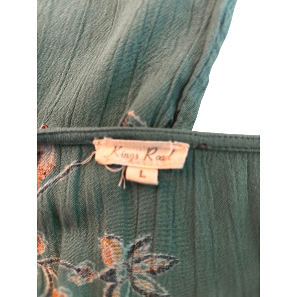 Kings Road V-Neck Dress Womens L Mint Green Brown Floral Bell Sleeve Excellent - Picture 7 of 10